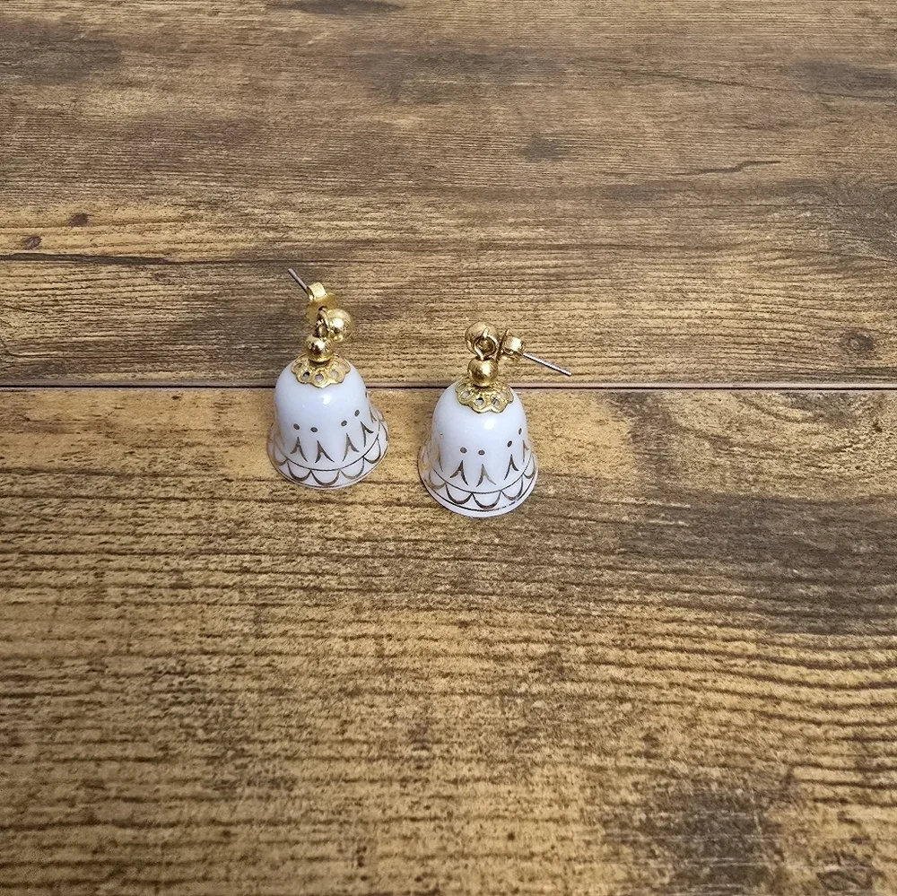 Gold Tone and White Bell Earrings